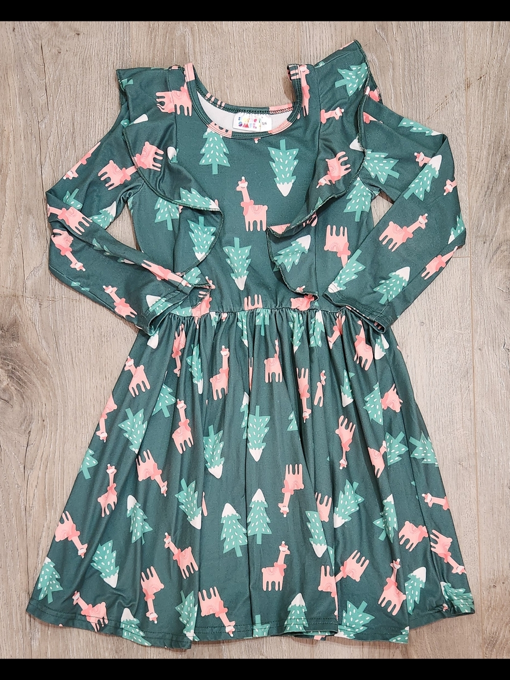 Girls' Dot Dot Smile Green Ruffle Holiday Tree & Reindeer Dress